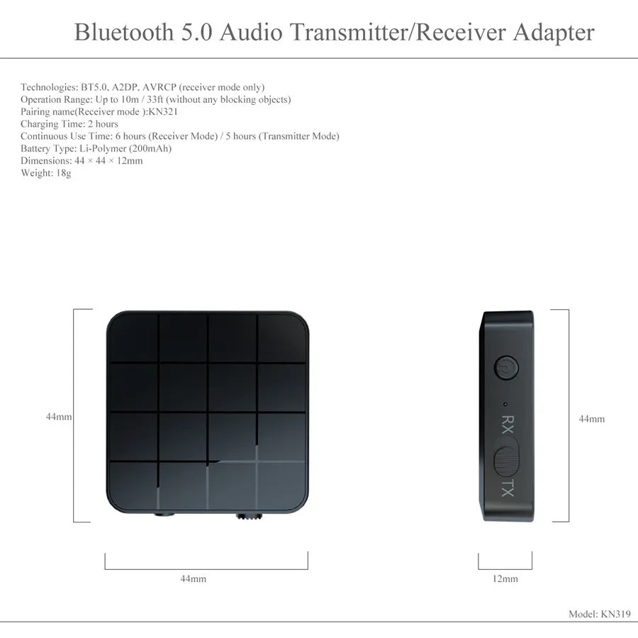 Bluetooth 5.0 Audio Receiver Transmitter 2-in-1 - 3,5mm Klinke