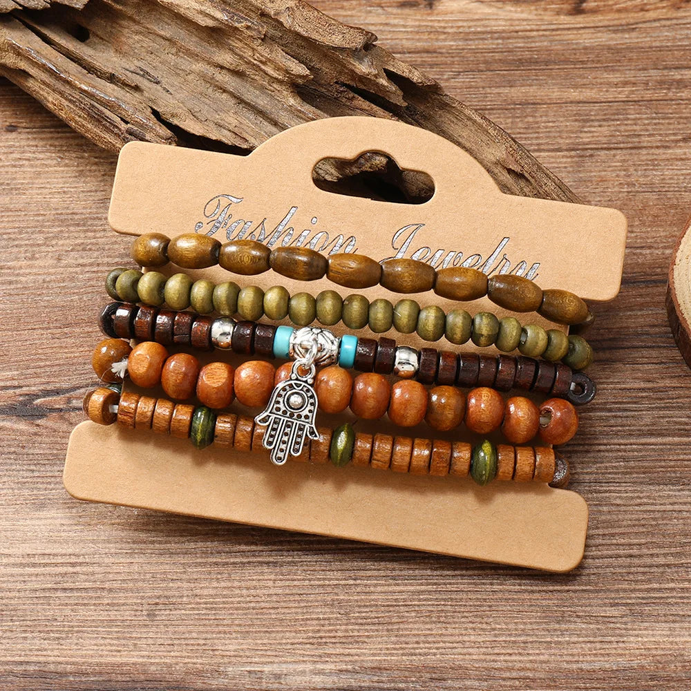 Ethnic 4-5pc set of wooden bead bracelets