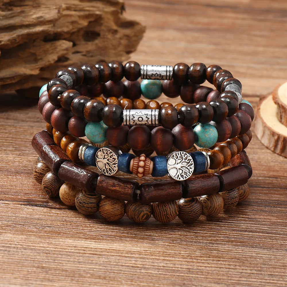 Ethnic 4-5pc set of wooden bead bracelets