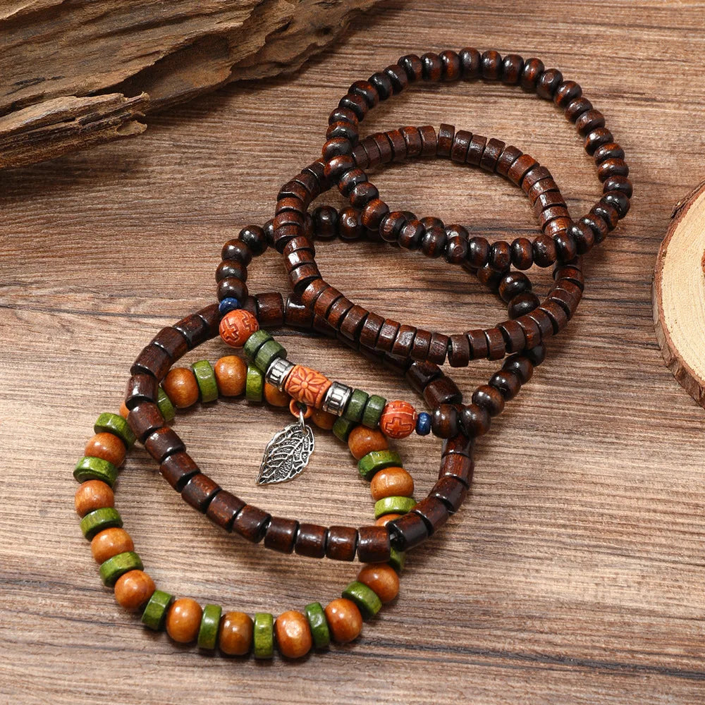 Ethnic 4-5pc set of wooden bead bracelets