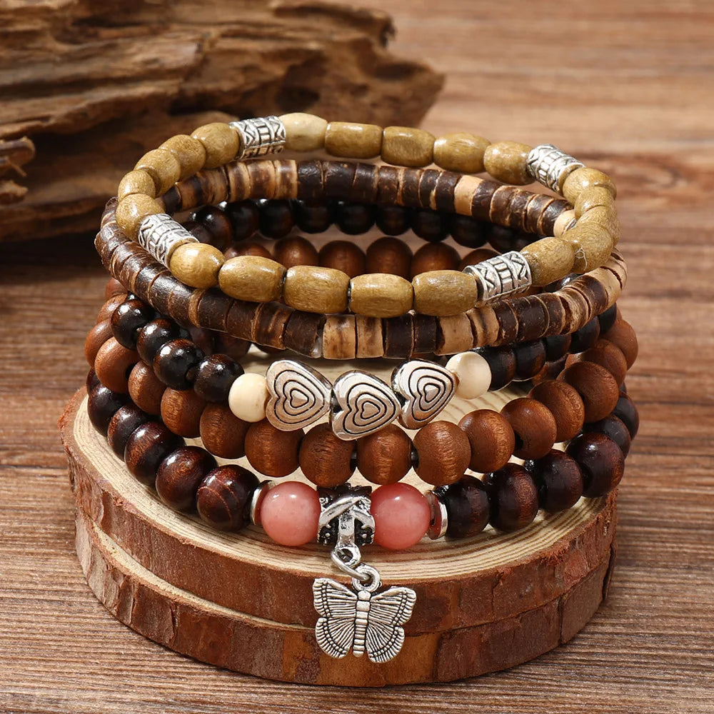 Ethnic 4-5pc set of wooden bead bracelets