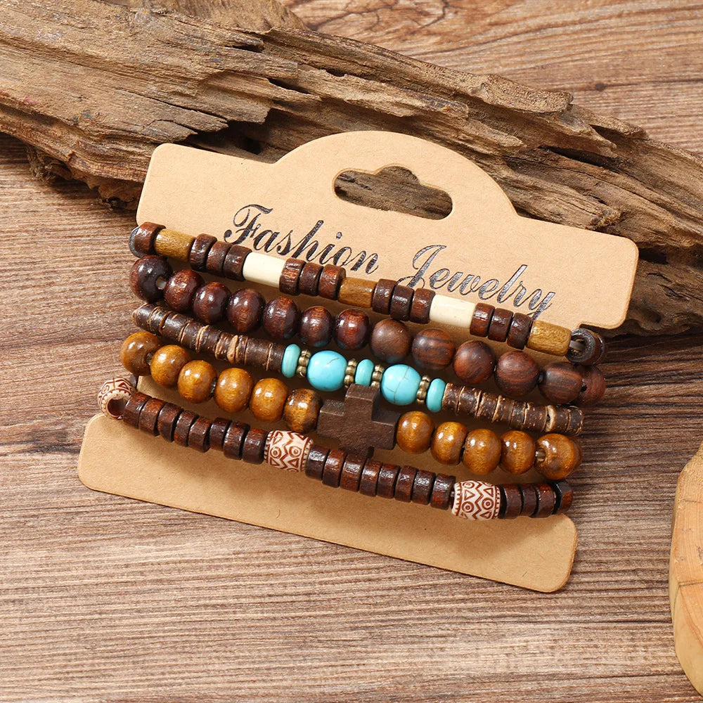 Ethnic 4-5pc set of wooden bead bracelets