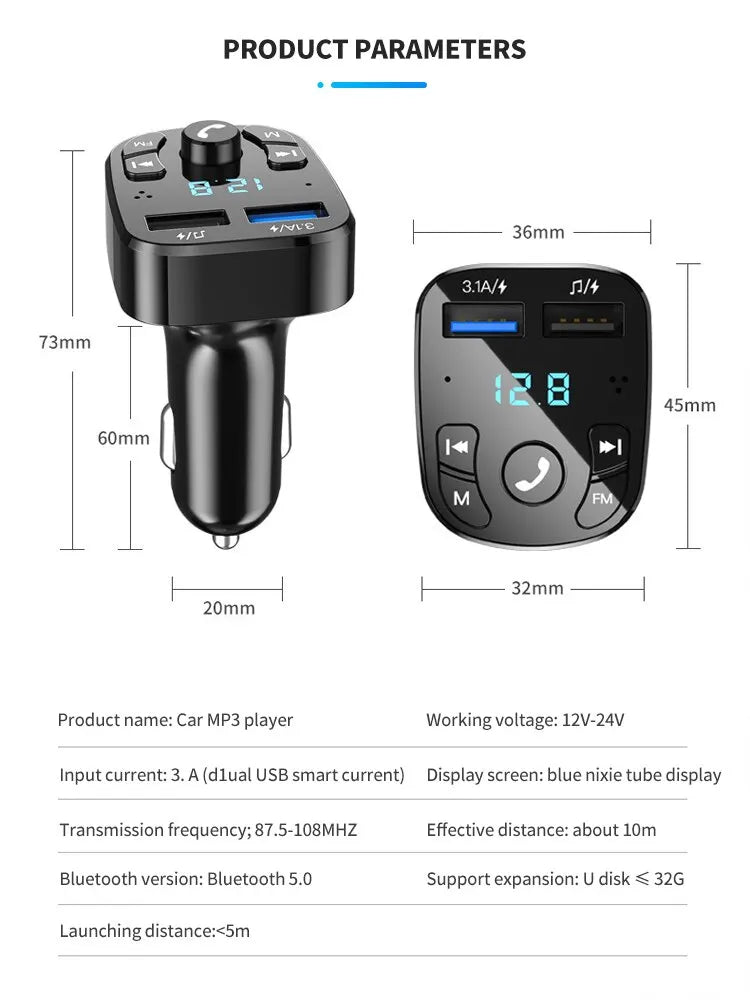 MP3 Player mit Dual USB und Schnellladefunktion - Bluetooth zu FM