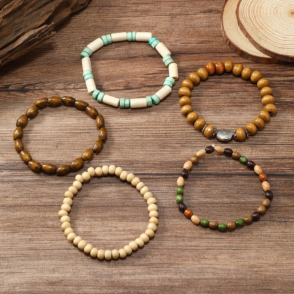 Ethnic 4-5pc set of wooden bead bracelets