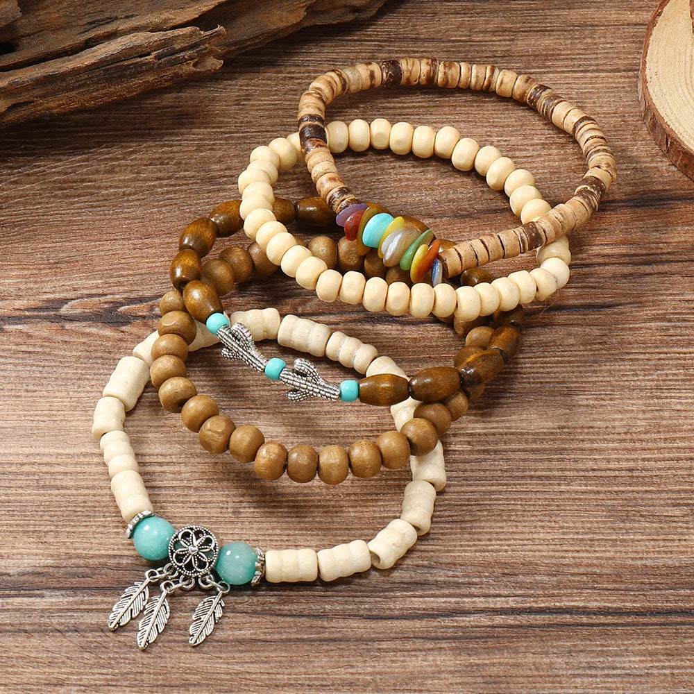 Ethnic 4-5pc set of wooden bead bracelets